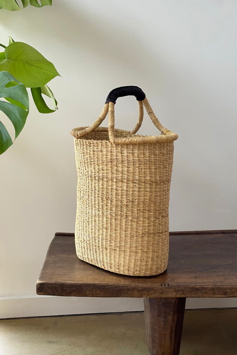 Handwoven Double Weave Pot Basket with Black Leather Handle, Alternate, color, Natural