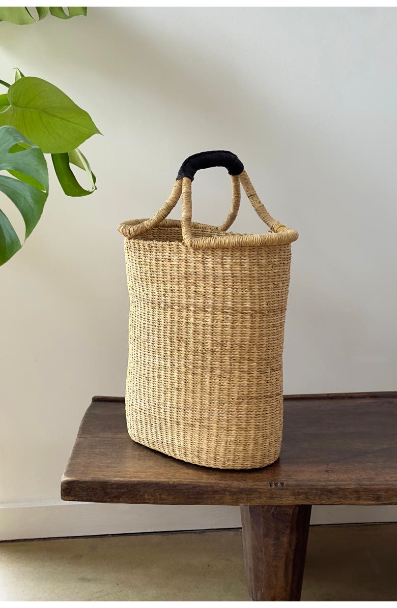 Mbare Handwoven Double Weave Pot Basket with Black Leather Handle, Alternate, color, Natural