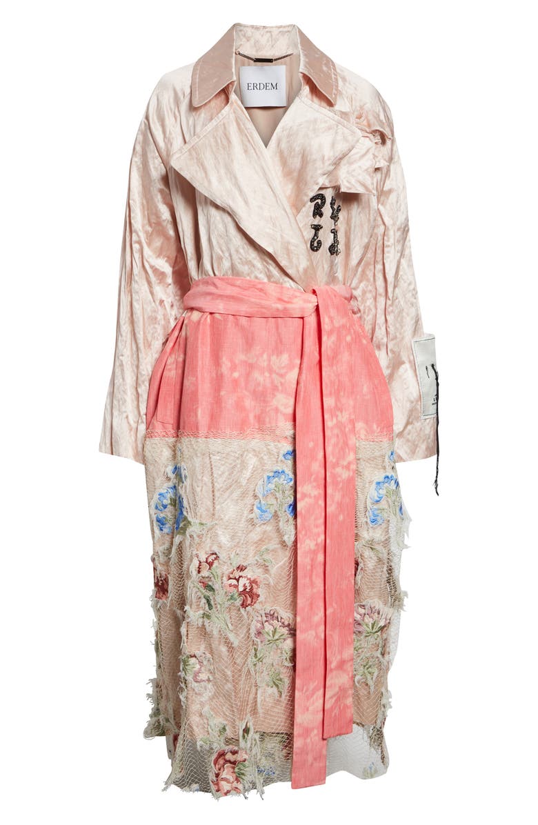 Erdem Embellished Textured Satin Trench Coat, Main, color, Cameo Pink