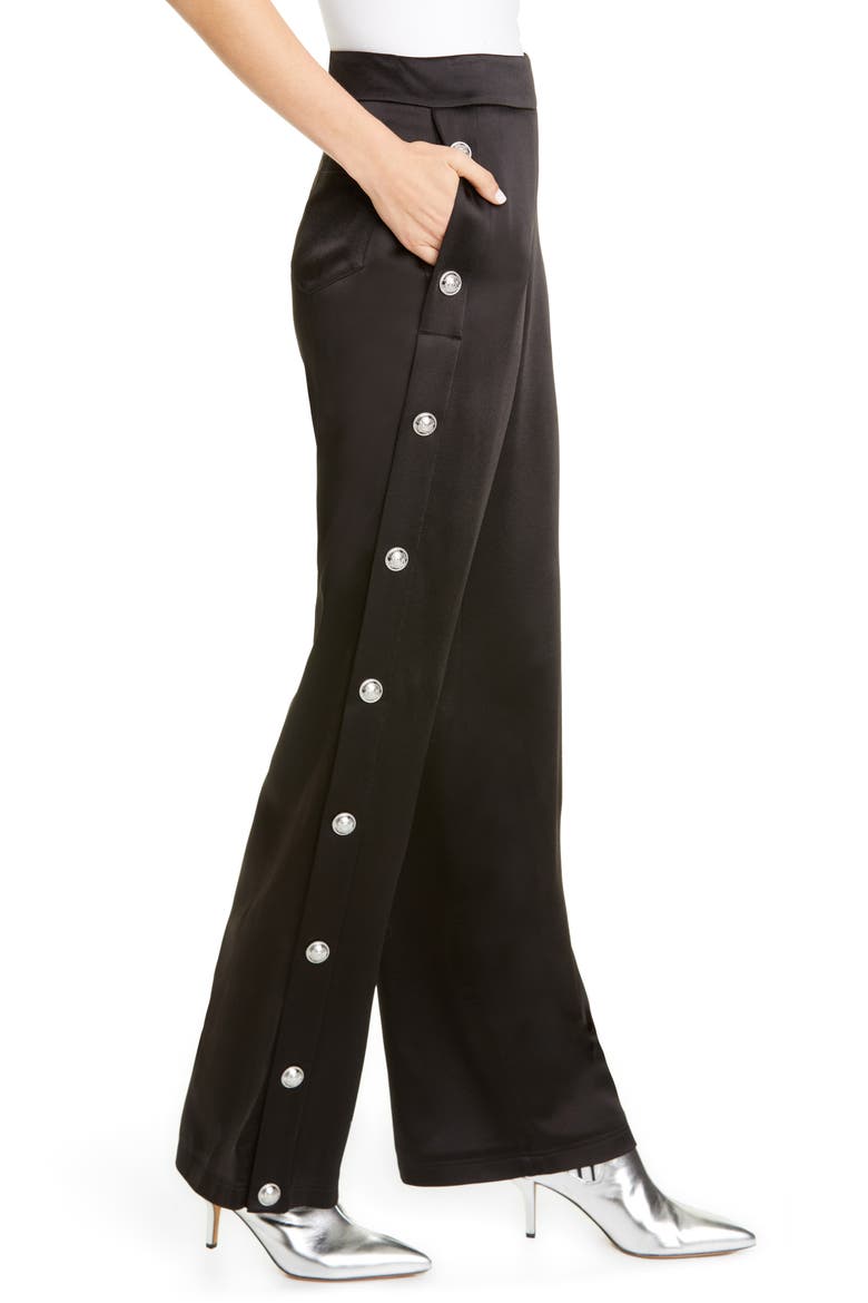 Side Button High Waist Satin Track Pants, Alternate, color, NOIR