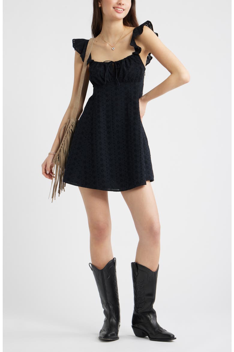 Cotton Eyelet Flutter Sleeve Minidress, Main, color, BLACK
