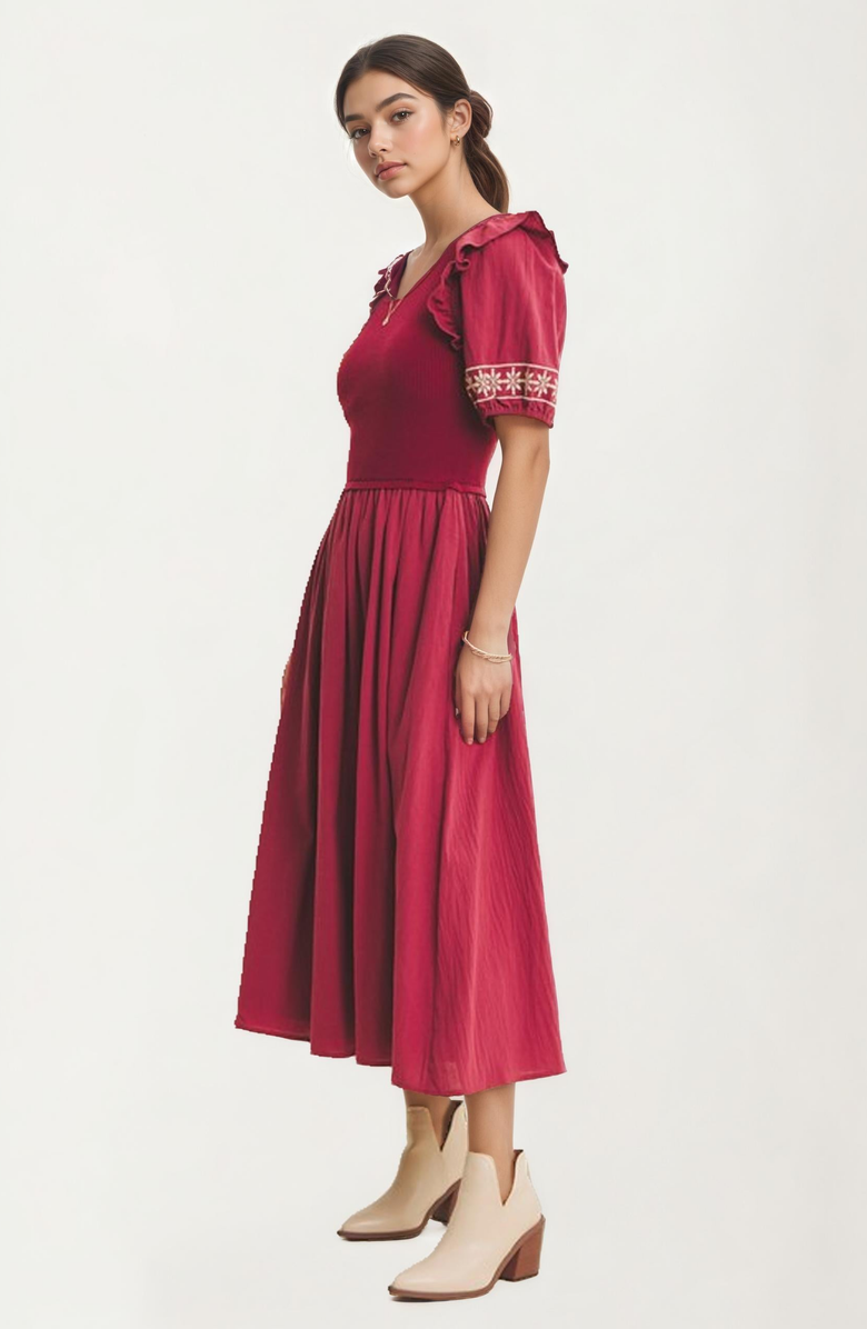 Knit and Lounge Embroidered Trim Puff Sleeve Midi Dress, Alternate, color, 