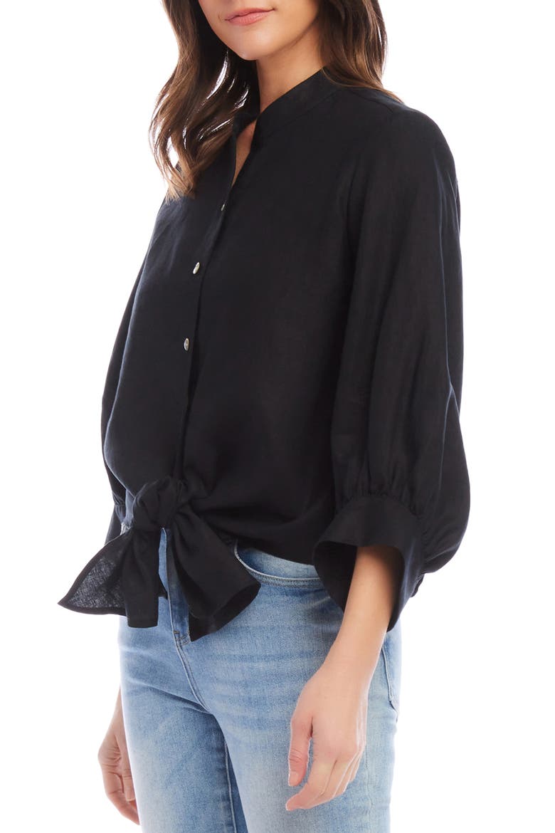 Tie Front Linen Button-Up Top, Alternate, color, BLACK