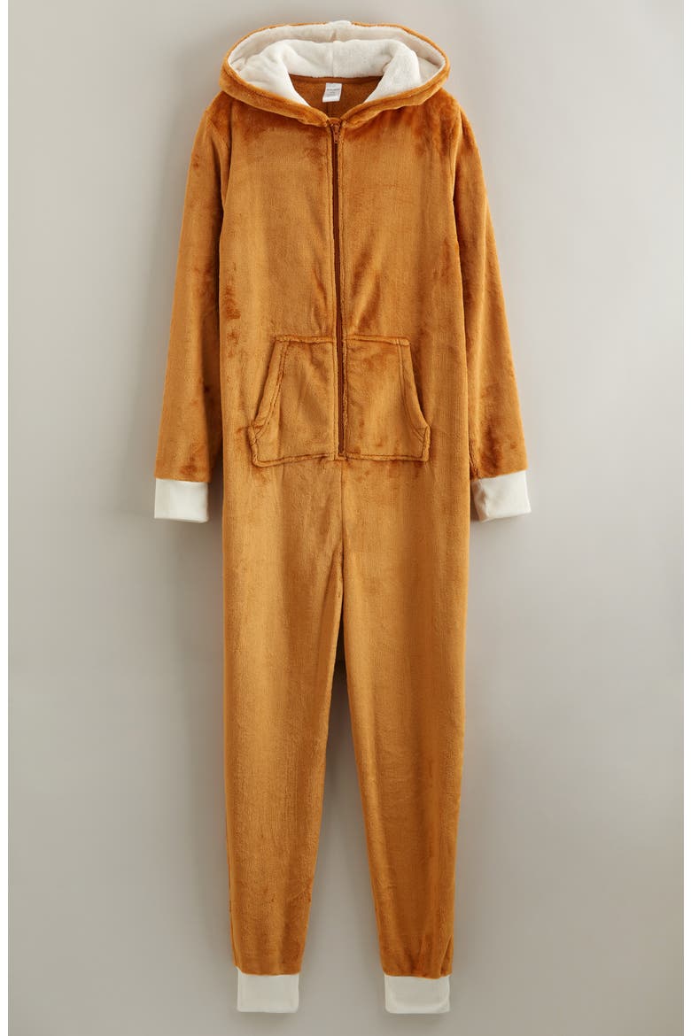 Kids' Hooded Fleece Sleeper Romper, Main, color, IVORY- BROWN DEER
