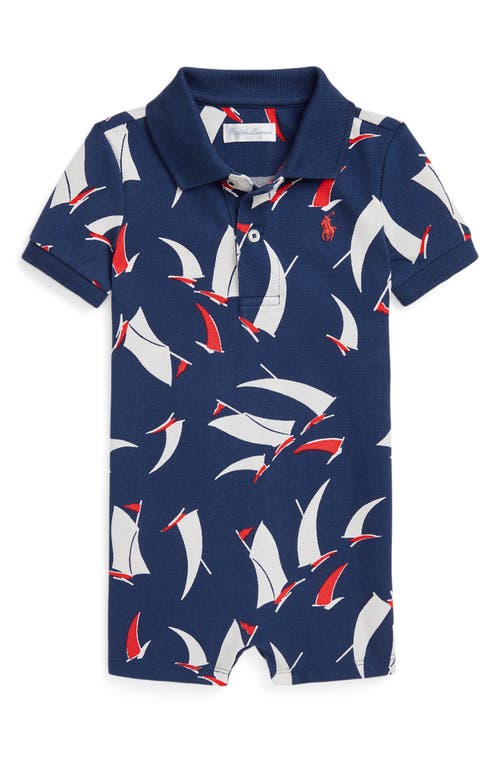 Ralph Lauren Sailboat Print Cotton Piqué Polo Romper In Deco Sails Print Navy