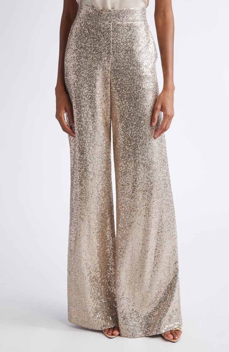ST. JOHN Luxe Sequin Wide Leg Pants, Main, color, Latte Light Grey Melange