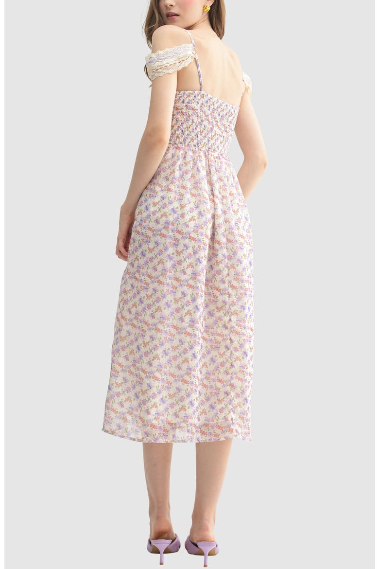 Lace Trim Satin Ribbon Cold Shoulder Midi Dress, Alternate, color, CREAM LILAC