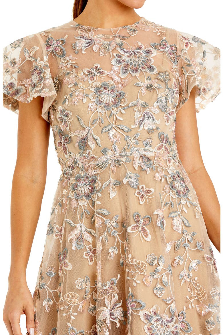 Women's Embroidered Floral Mesh A-Line Midi Dress, Alternate, color, Nude