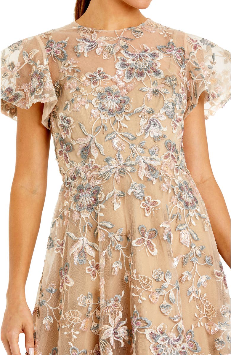 Mac Duggal Women's Embroidered Floral Mesh A-Line Midi Dress, Alternate, color, Nude