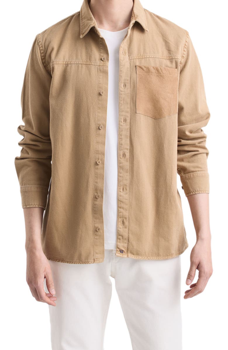 Velez Long-Sleeve Cotton Overshirt With Leather Pocket, Main, color, Beige