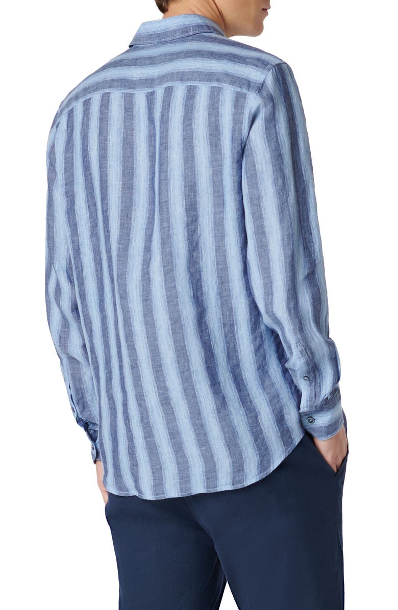 Bugatchi Julian Shaped Fit Stripe Linen Button-Up Shirt, Alternate, color,