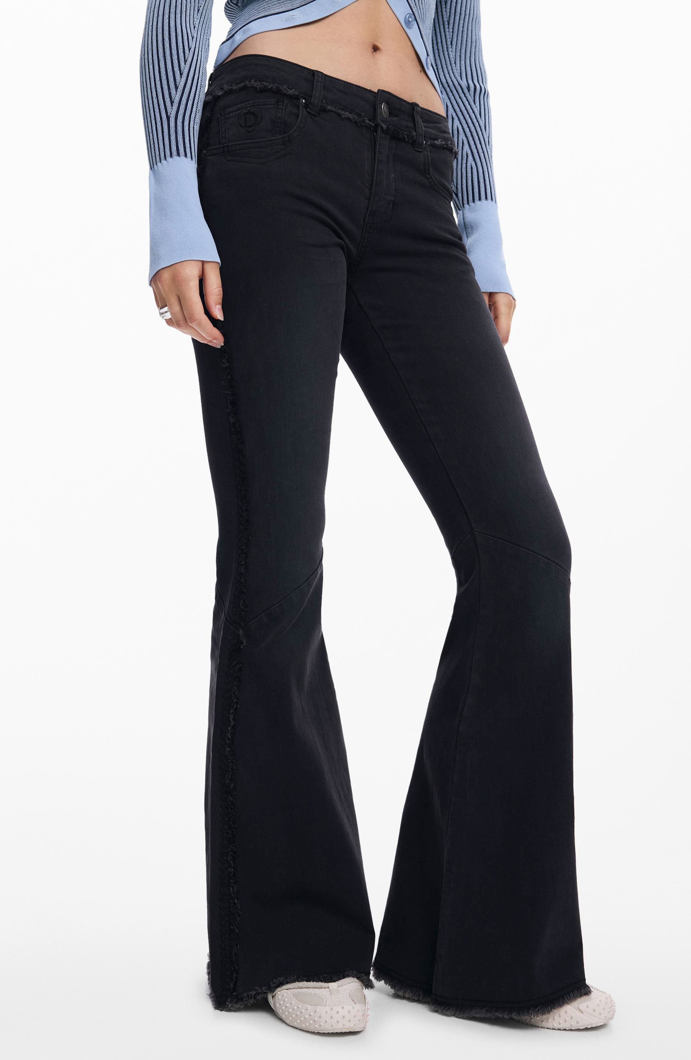 Frayed Low Rise Flare Jeans