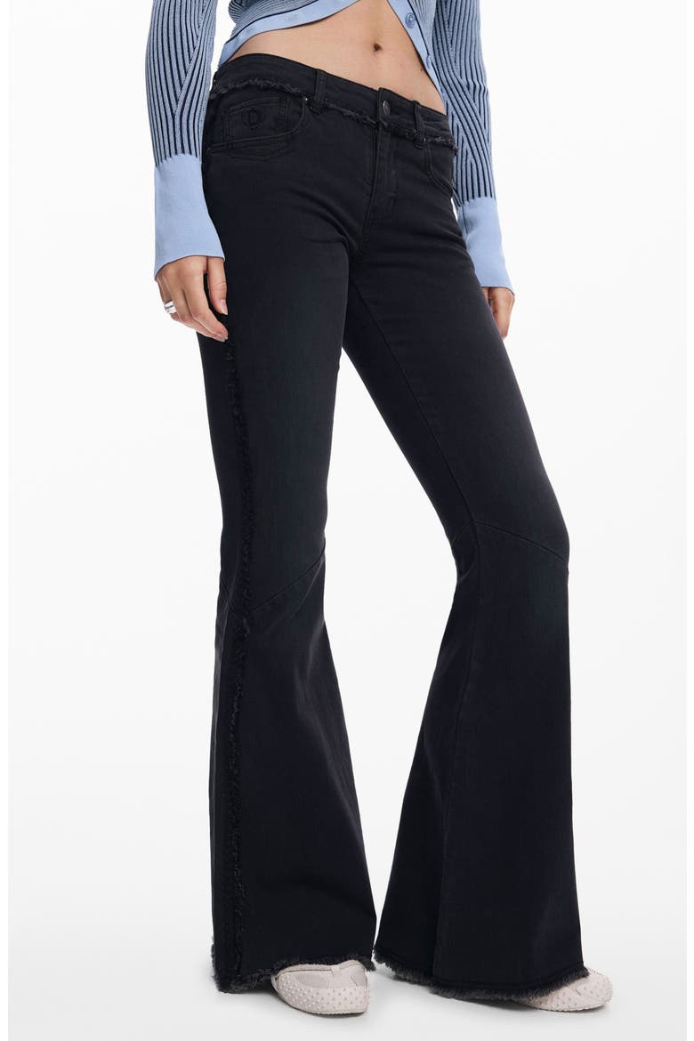 Frayed Low Rise Flare Jeans, Main, color, BLACK
