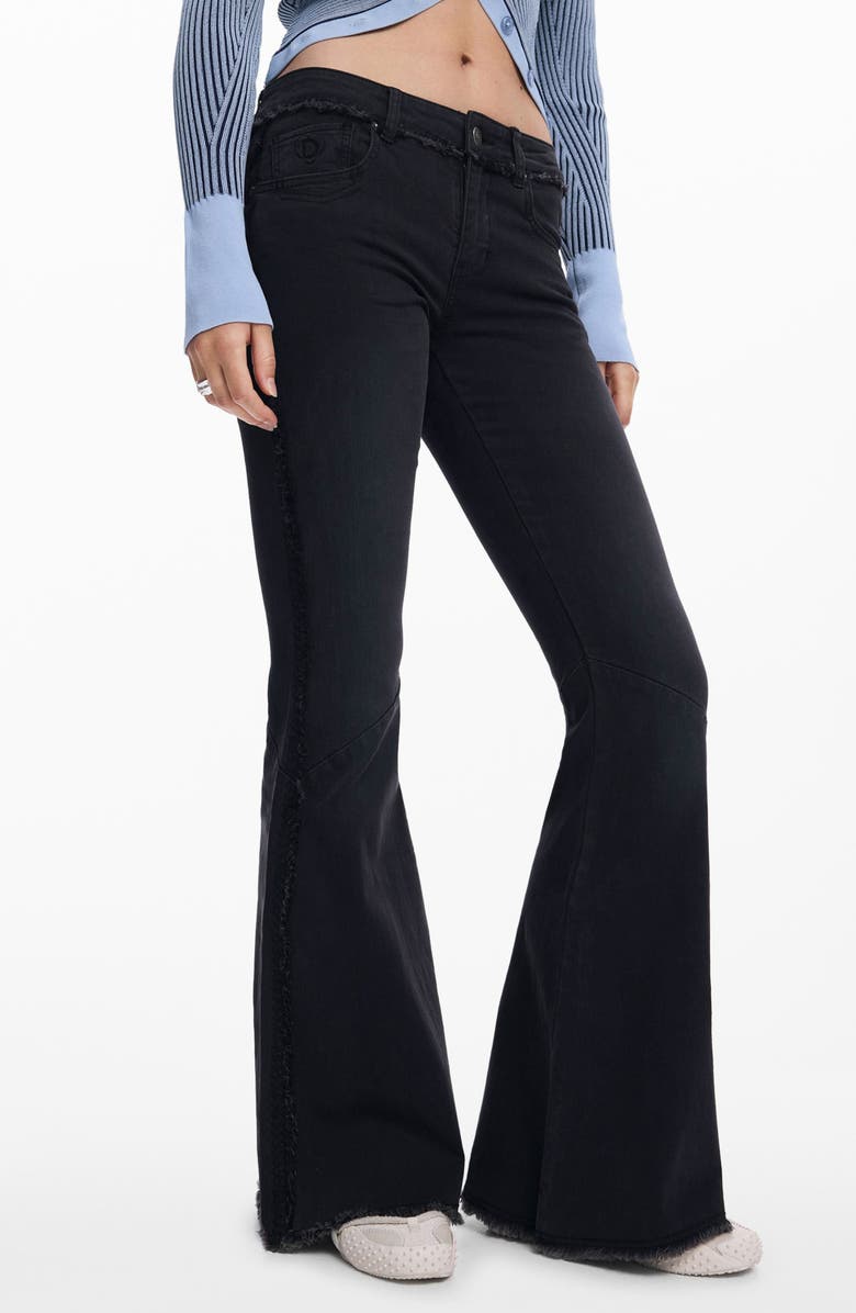 Desigual Frayed Low Rise Flare Jeans, Main, color, Black