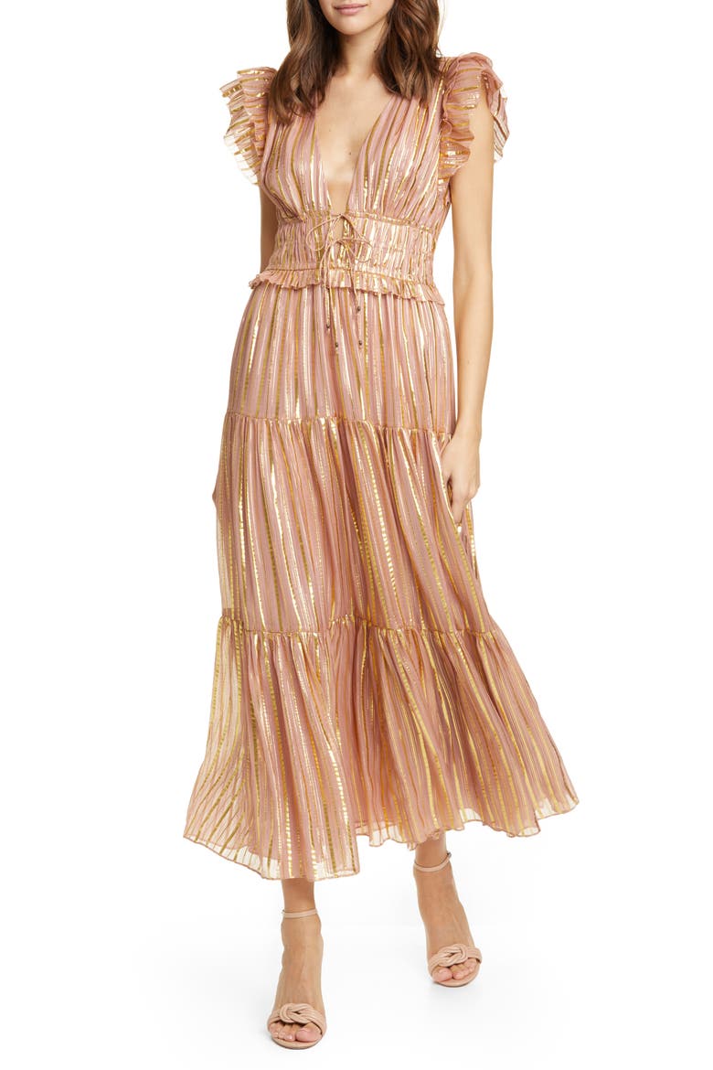 Justyne Metallic Stripe Silk Blend Maxi Dress, Main, color, ROSE