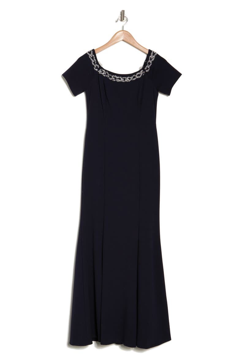 Beaded Off-the-Shoulder Short Sleeve Trumpet Gown, Alternate, color, NAVY
