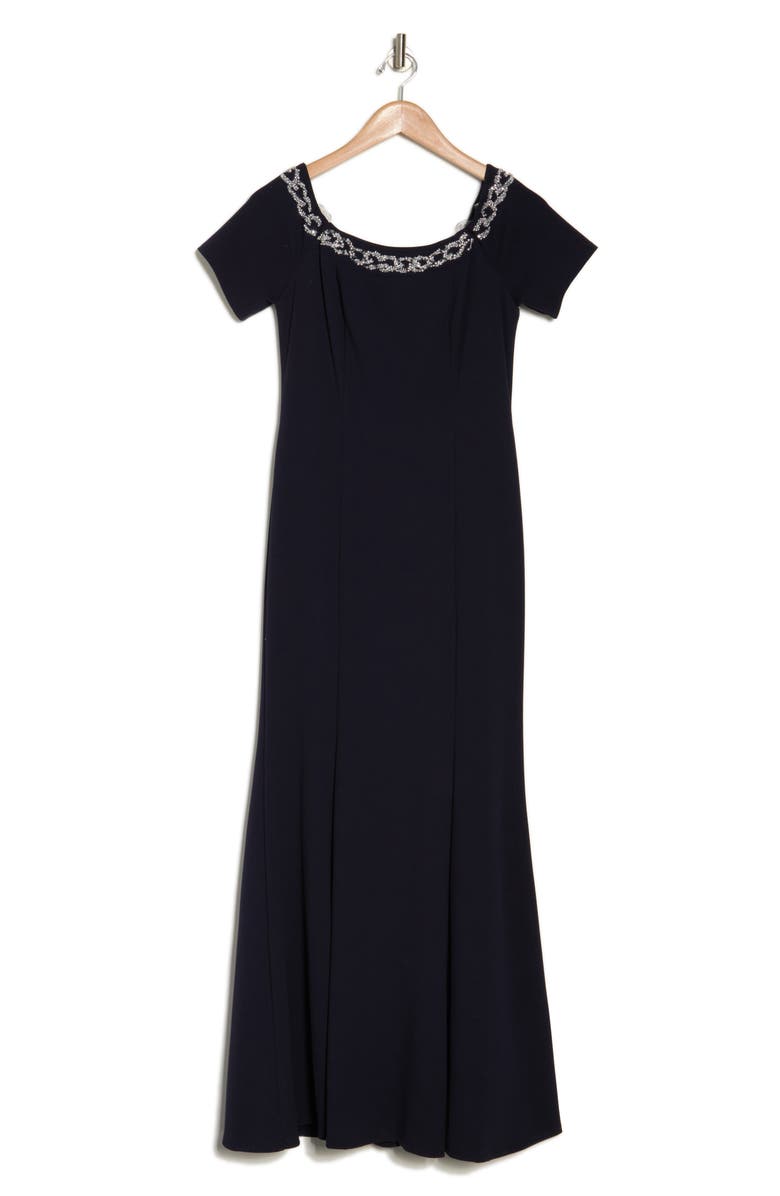 Marina Beaded Off-the-Shoulder Short Sleeve Trumpet Gown, Alternate, color, Navy