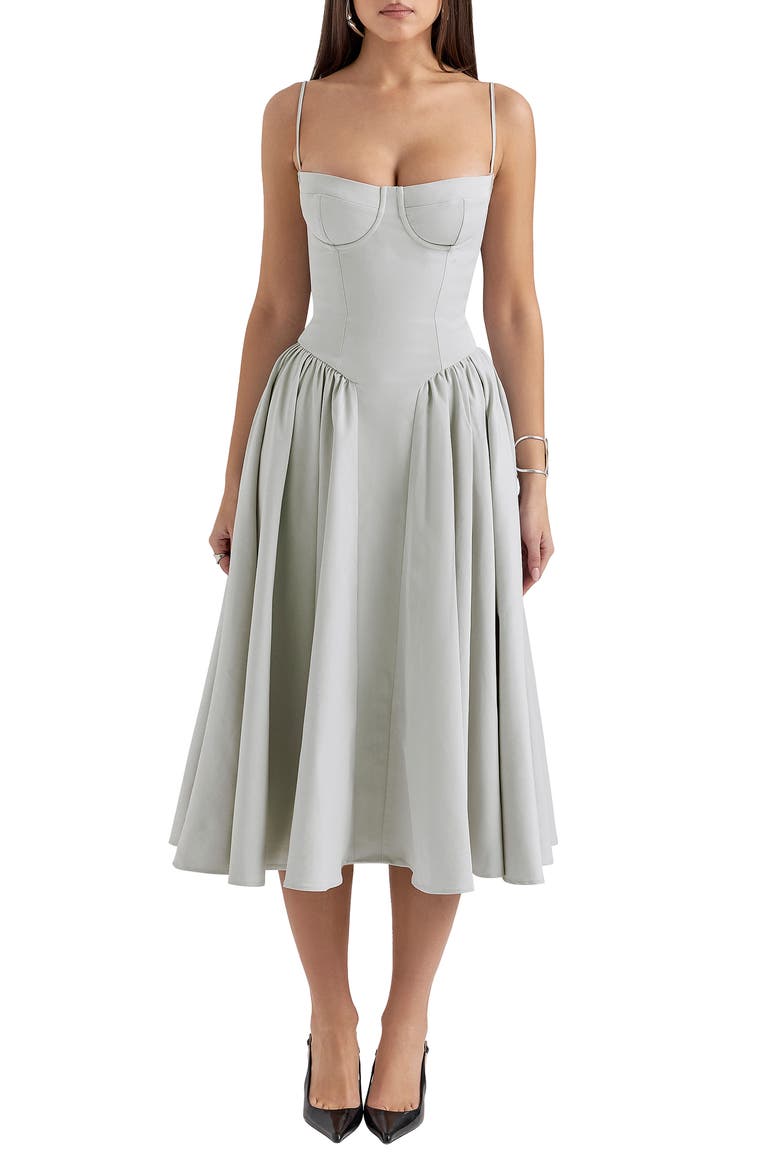 Samaria Corset Fit & Flare Dress, Main, color, DOVE GREY