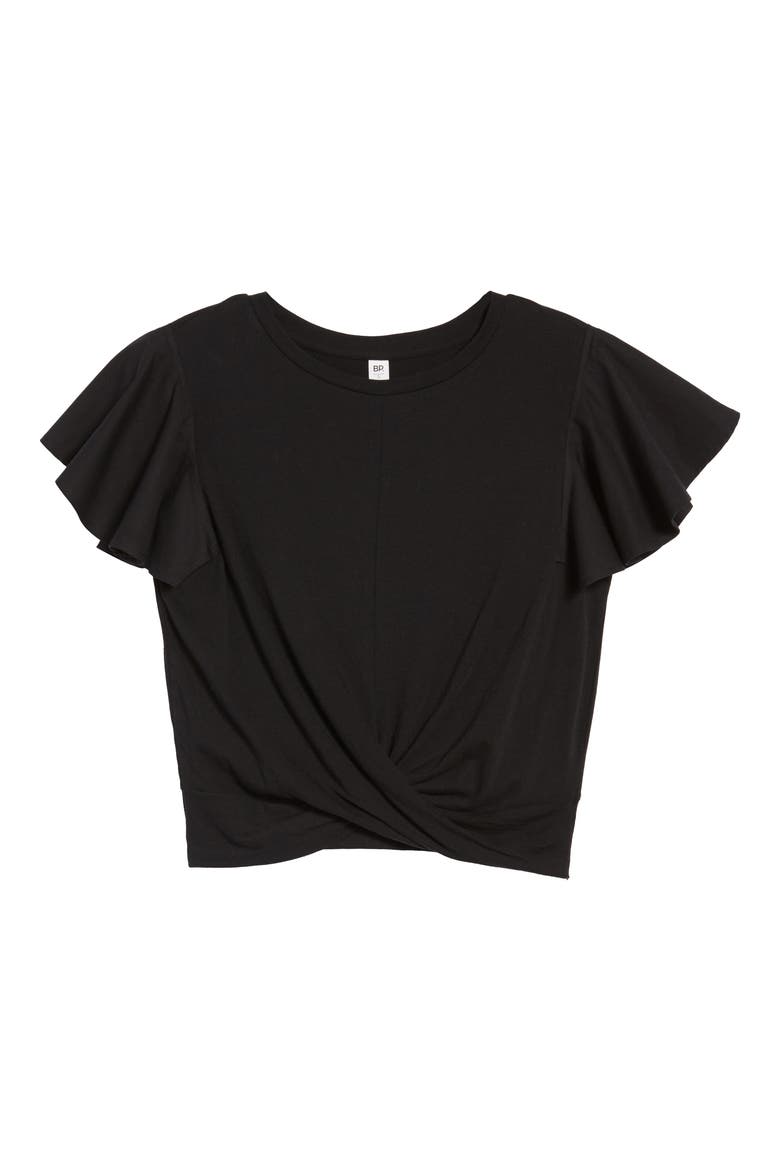 Ruffle Sleeve Twist Hem Tee, Alternate, color, BLACK