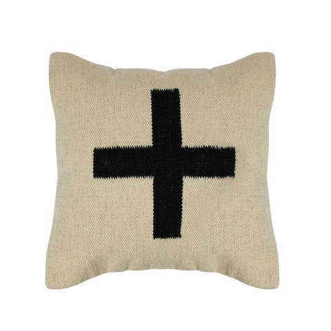 Swiss Cross Cotton Wool Throw Pillow, Black and Natural