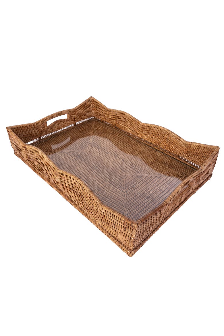 Scalloped Rattan Rectangular Tray with Glass Insert, Alternate, color, Honey Brown