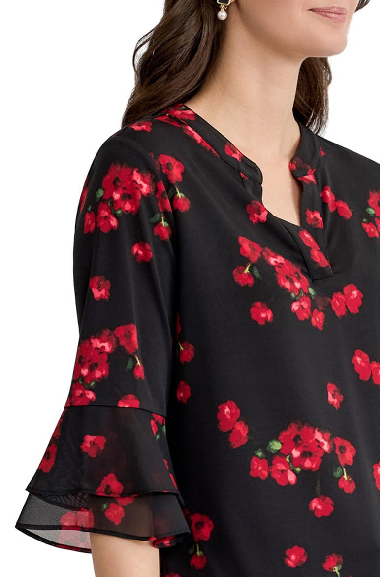 Floral Split Neck Flutter Sleeve Tunic, Alternate, color, BLACK MULTI