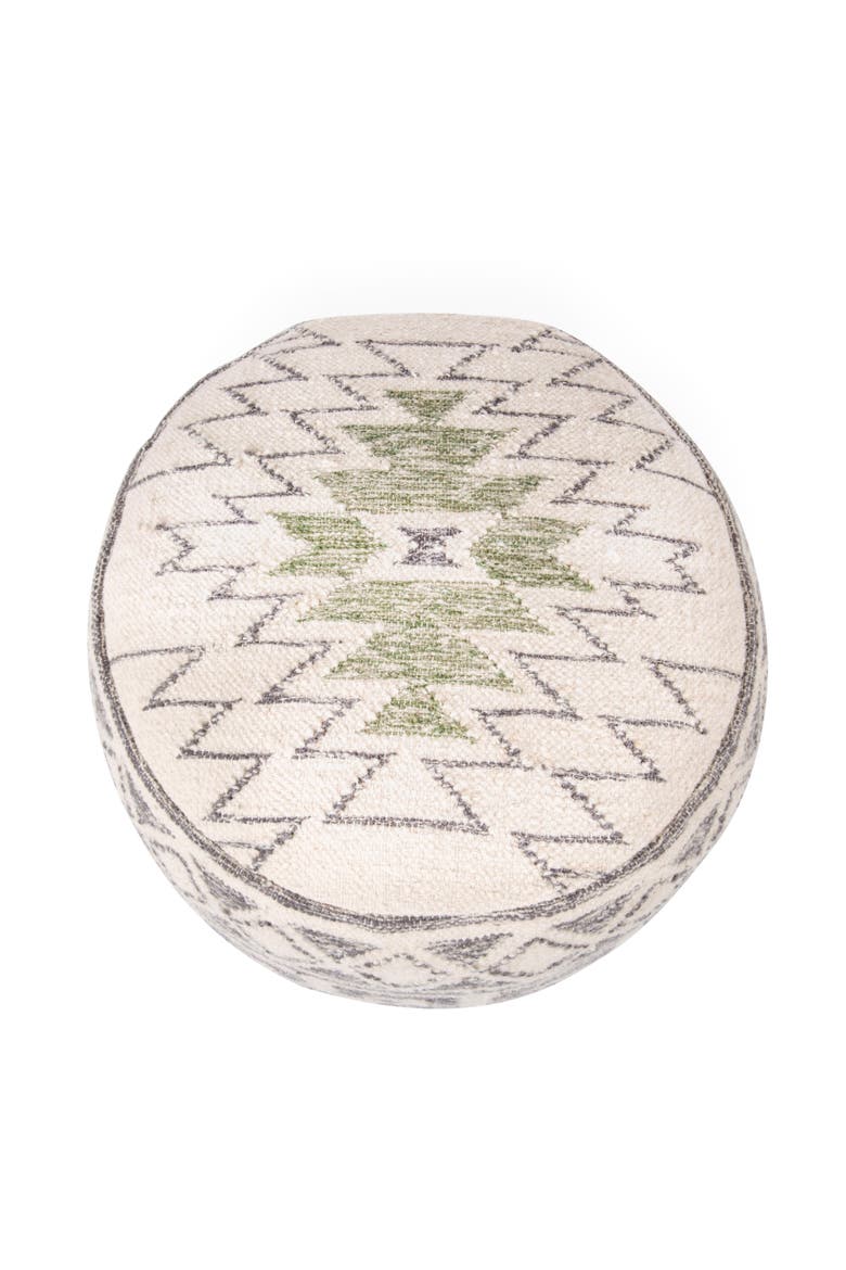Round Wool Blend Kilim Pouf with Geometric Design, Grey, Alternate, color, Grey