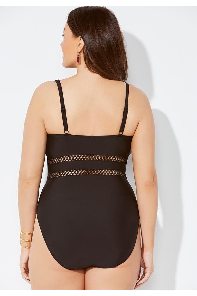Lattice Plunge One Piece Swimsuit, Alternate, color, Black