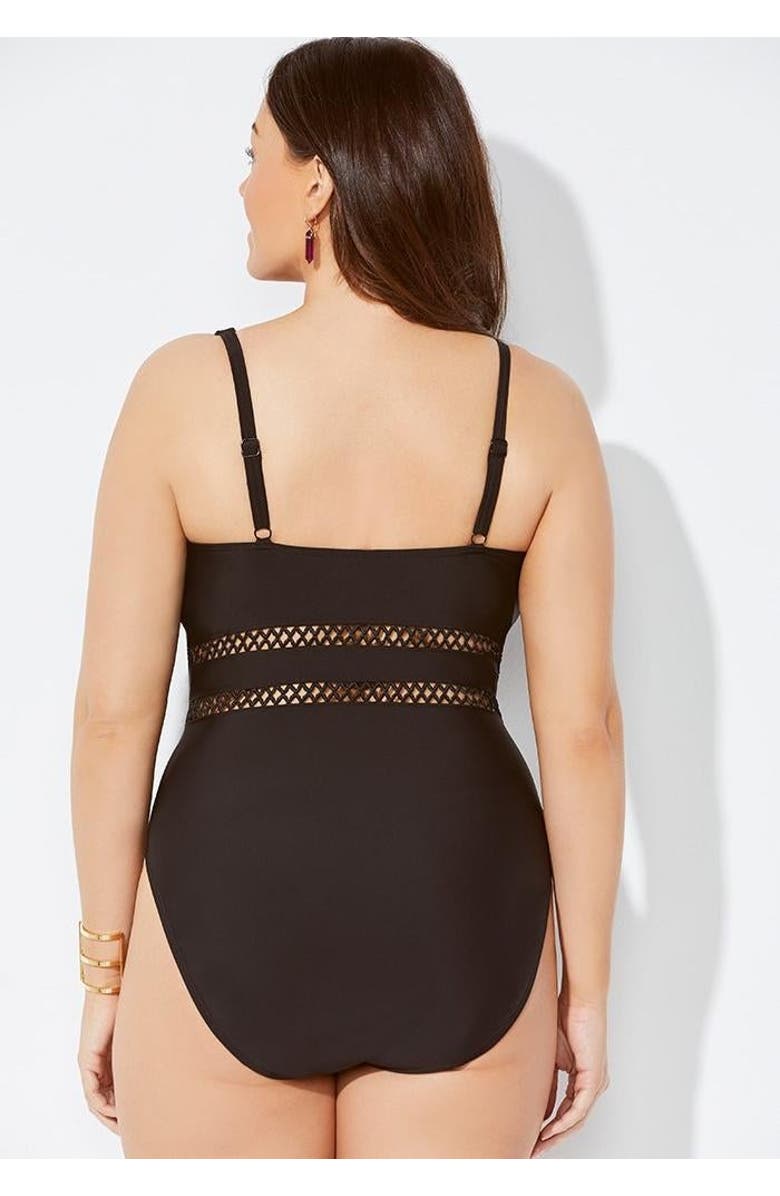 Swimsuits for All Lattice Plunge One Piece Swimsuit, Alternate, color, Black