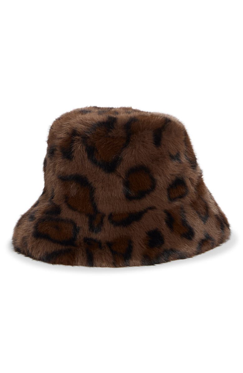 La Fiorentina Faux Fur Animal Print Bucket Hat, Alternate, color, Brown