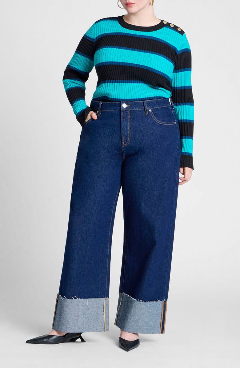 ELOQUII Stripe Button Shoulder Sweater, Alternate, color,