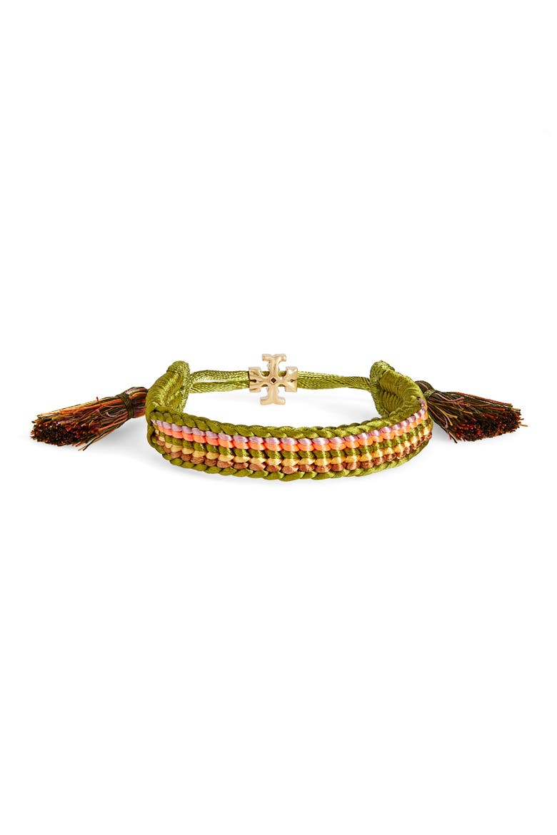Woven Friendship Slider Bracelet, Main, color, ROLLED GOLD / GREEN MULTI