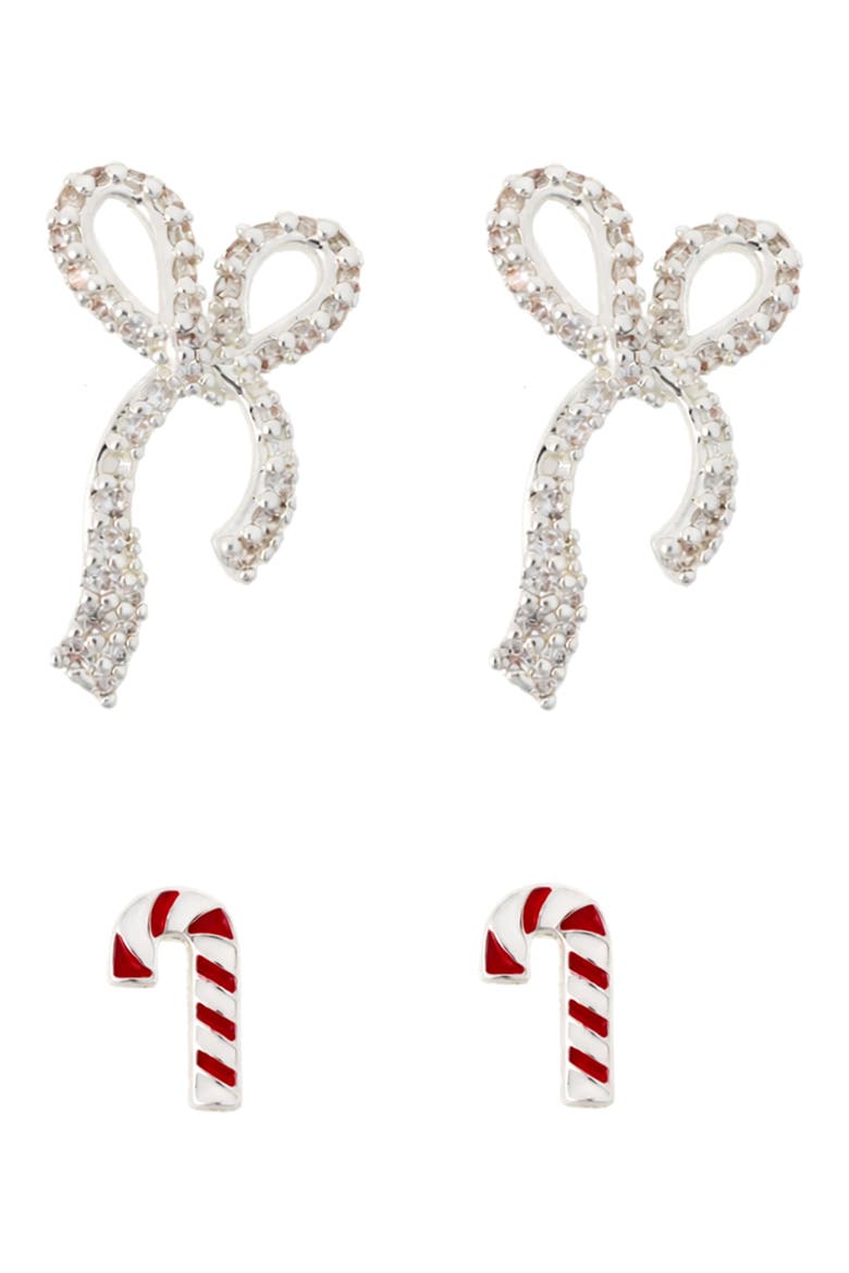 Bow & Candy Cane Stud Earrings, Main, color, RED