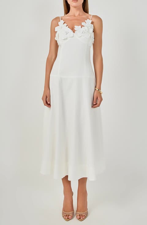 3D Floral Detail Linen Midi Dress