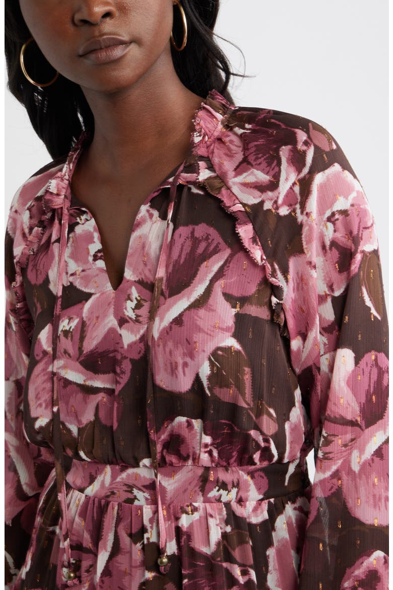 Floral Metallic Clip Dot Ruffle Tiered Midi Dress, Alternate, color, BROWN PINK WENDI FLORAL