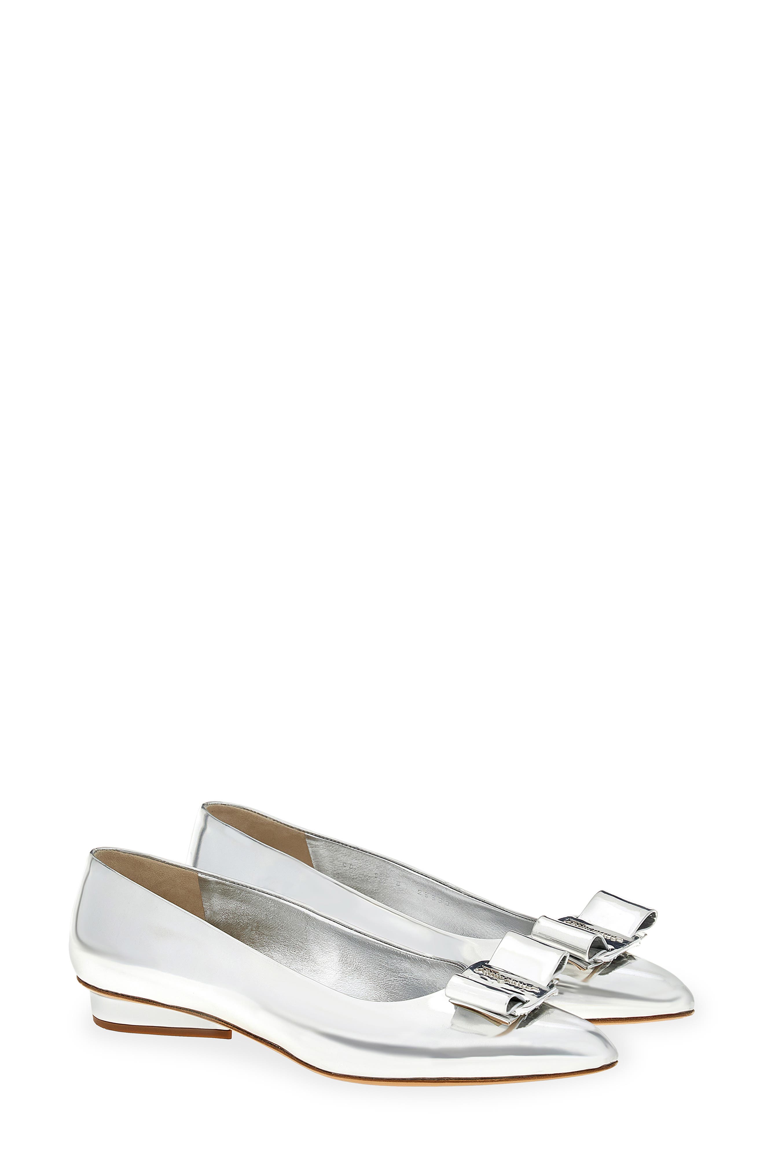 Salvatore Ferragamo Viva Bow Pointed Toe Ballet Flat, Main, color, SILVER