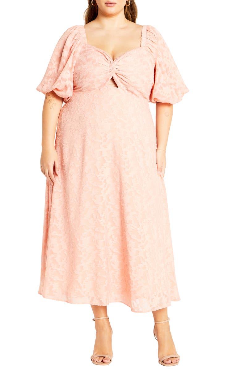 City Chic Inez Floral Cutout Puff Sleeve Dress, Main, color, Dusty Pink