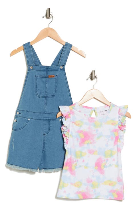 Kids' Ruffle Sleeve Top & Denim Shortalls Set (Big Kid)