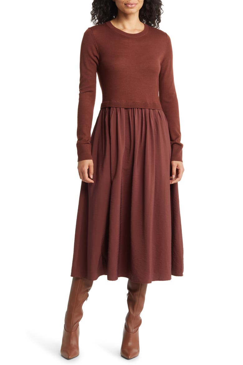 Mixed Media Long Sleeve Midi Dress, Main, color, BROWN RAISIN
