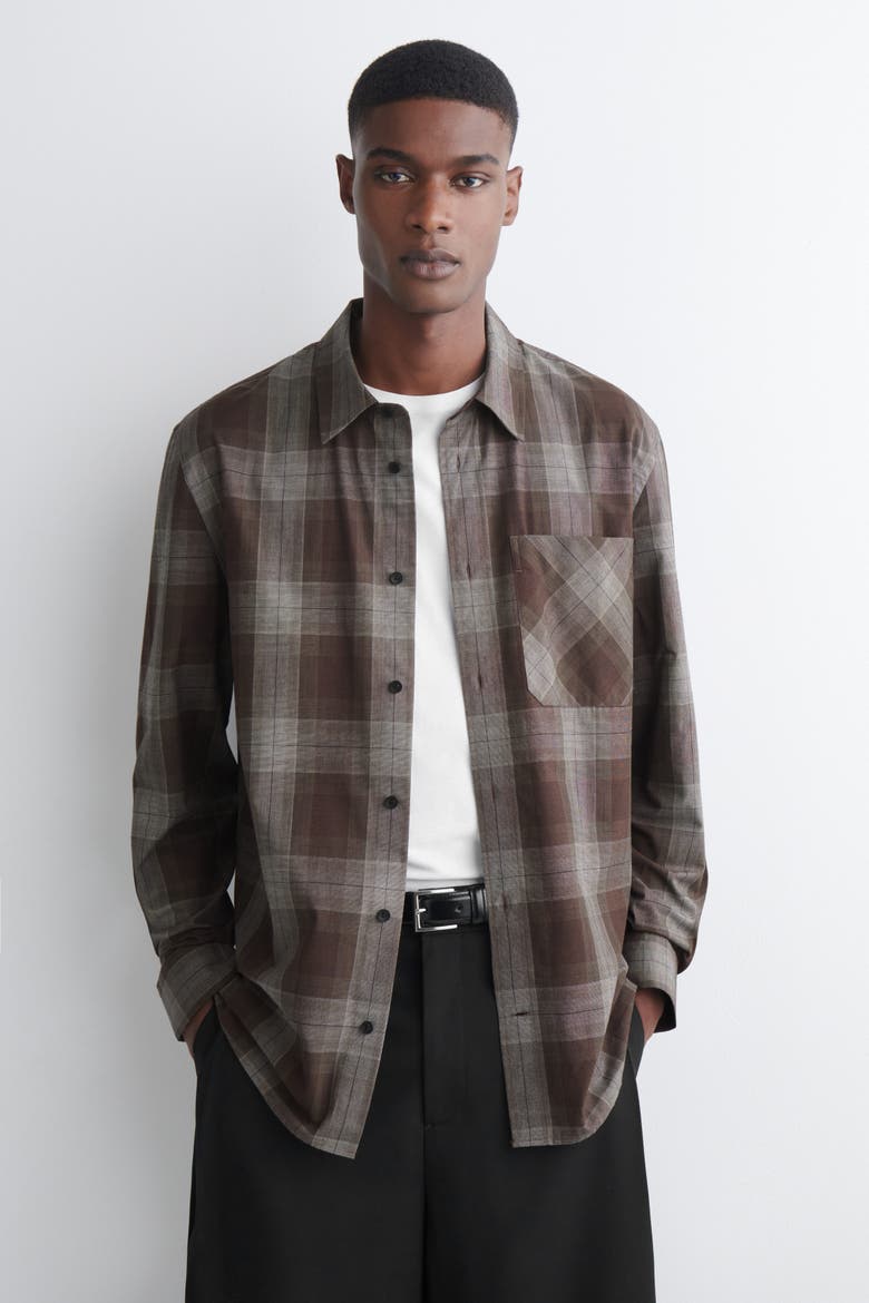 Checked Brushed-Cotton Shirt, Main, color, BROWN / CHECKED