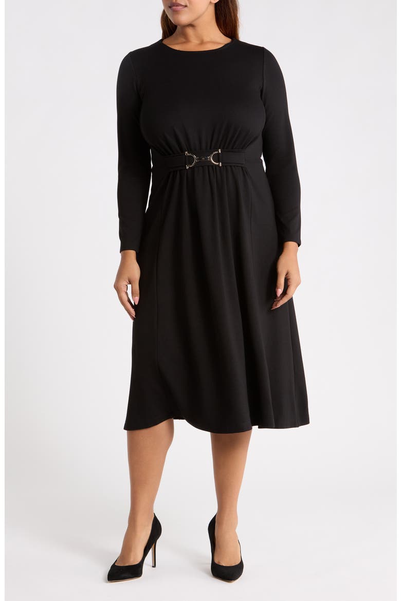 Accent Waist Long Sleeve Midi Dress, Main, color, BLACK