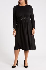 Anne Klein Accent Waist Long Sleeve Midi Dress