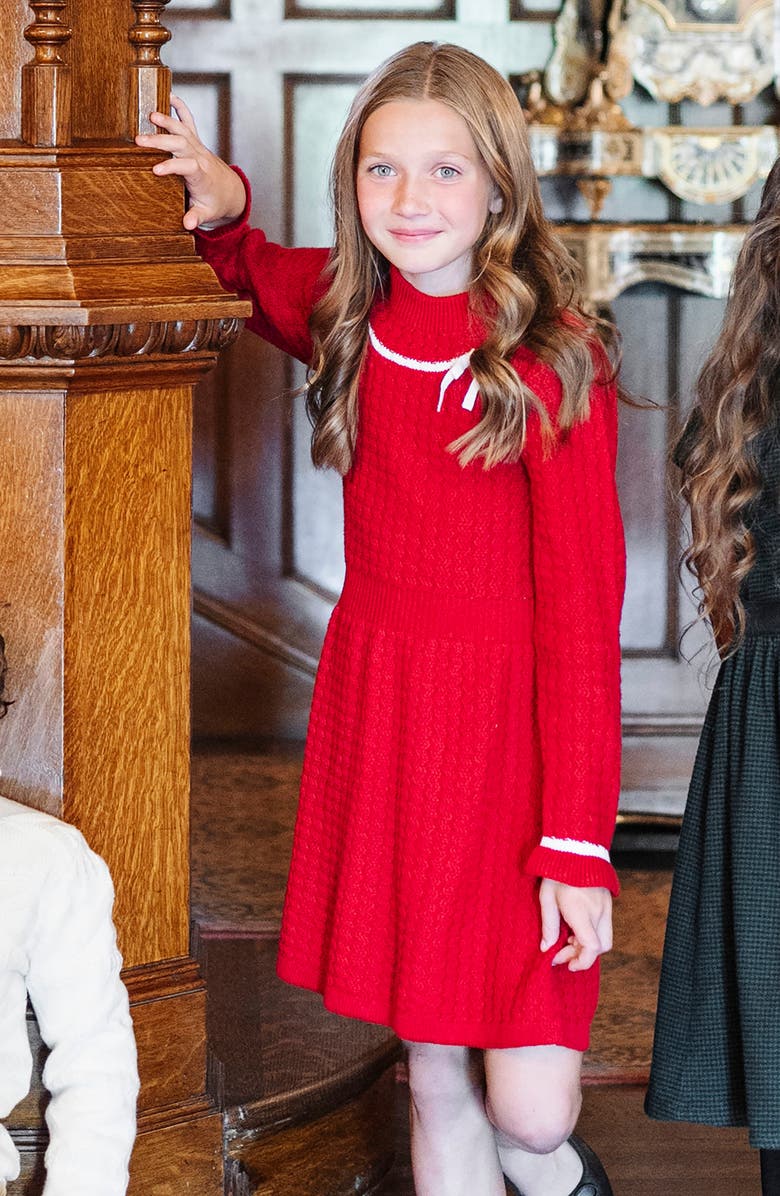 Hope & Henry Kids' Organic Mock Neck Ruffle Cuff Cable Sweater Dress, Alternate, color, Red Cable
