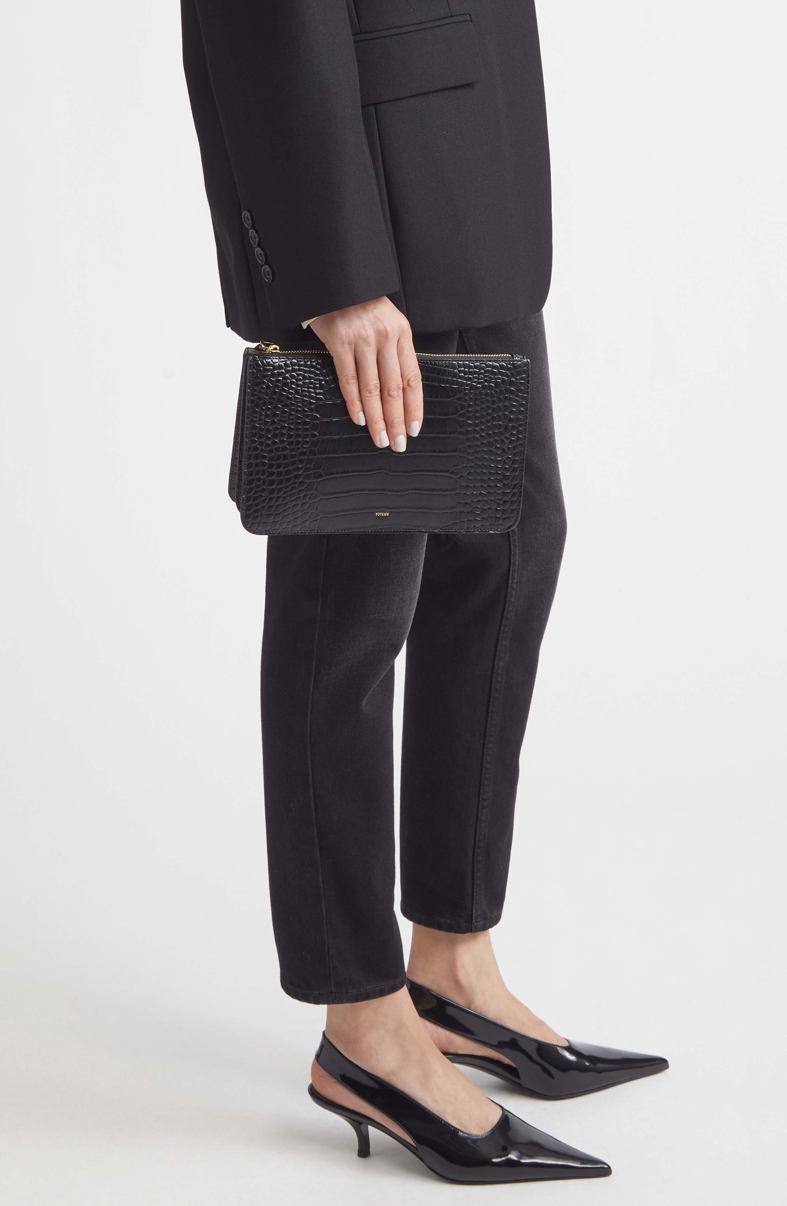 TOTEME Threefold Croc Embossed Leather Clutch, Alternate, color, Black