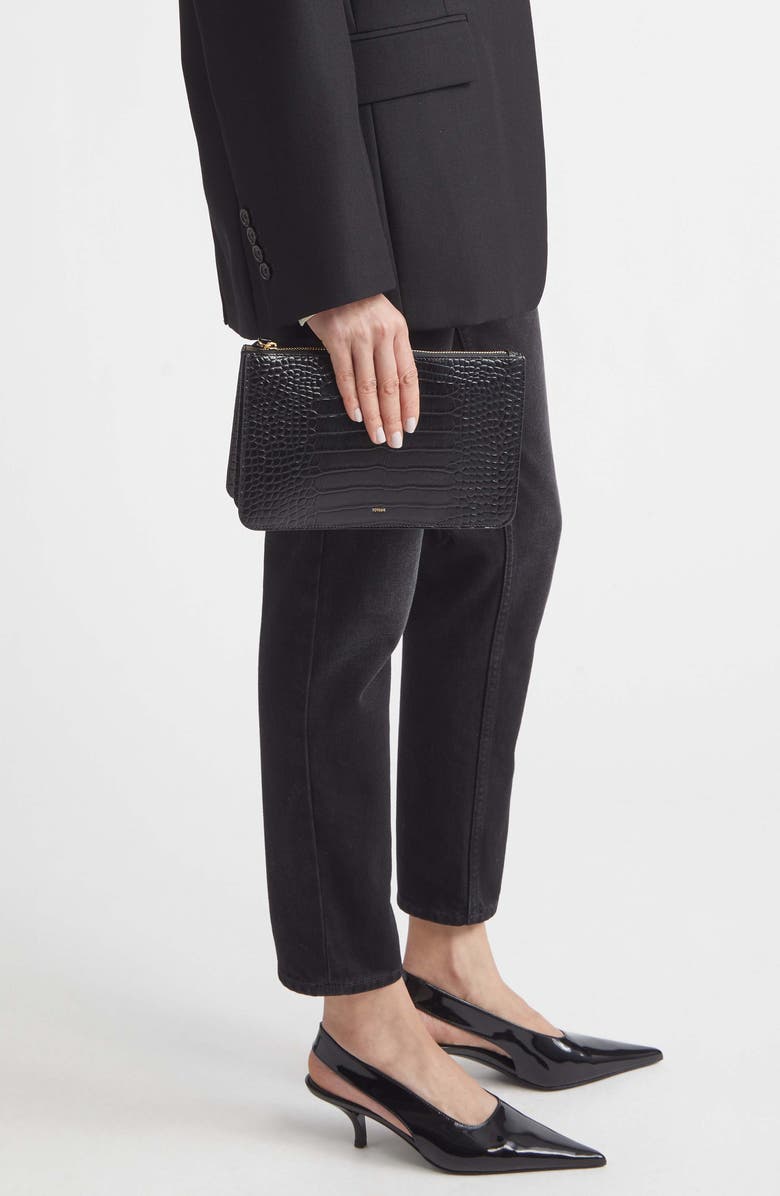 TOTEME Threefold Croc Embossed Leather Clutch, Alternate, color, Black