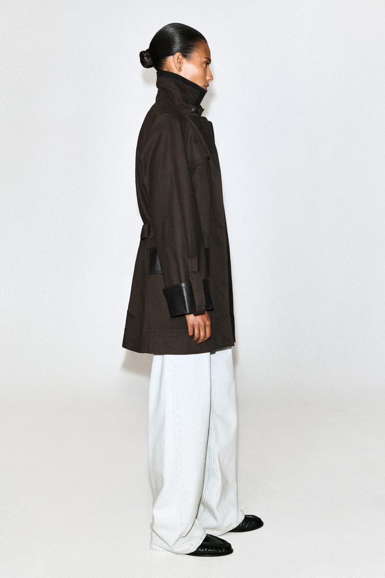 Leather-Trimmed Cotton Field Coat, Alternate, color, BROWN