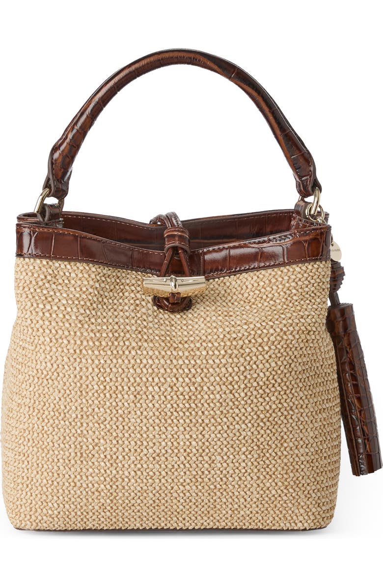 Brahmin Mini Amelia Embossed Leather Top Handle Bucket Bag, Main, color, Pecan