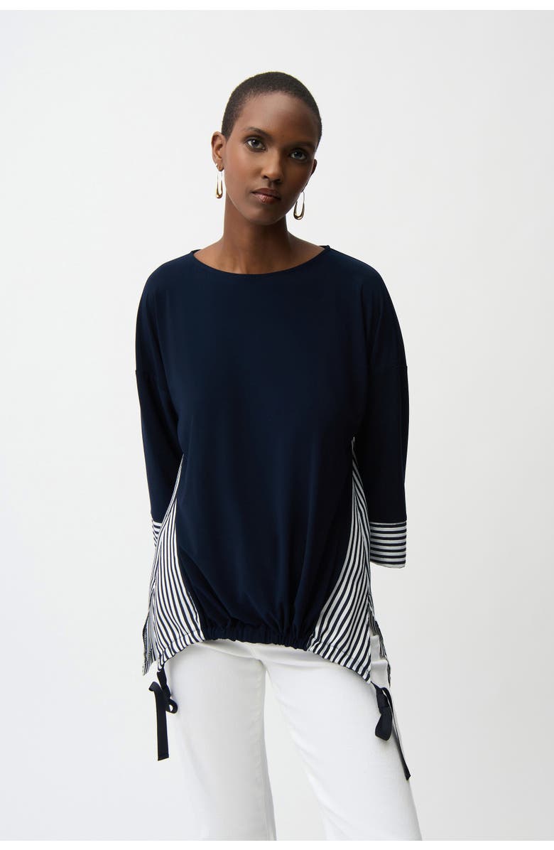 JOSEPH RIBKOFF Silky Knit and Woven Stripe Top With High Low Hem, Main, color, Navy/Off-White