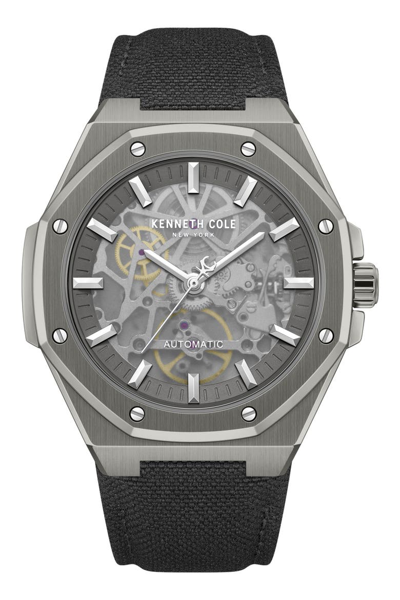 Benson Skeleton Automatic Nylon Strap Watch, 42mm, Main, color, BLACK