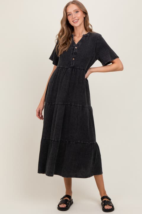 Button Front Tiered Maxi Dress